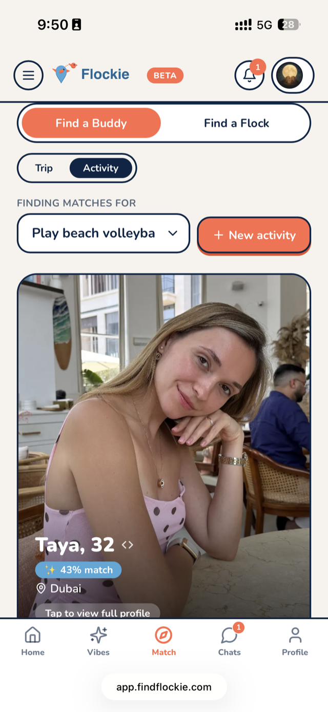 Find a Buddy in the Flockie app: Match with one person.